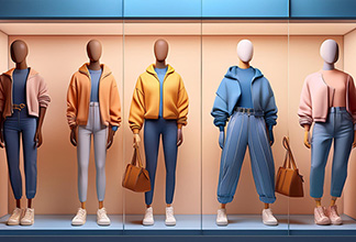 Five mannequins in a store window wearing casual fashion