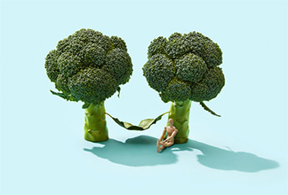 Deux arbres brocoli et un personnage en bois assis contre l’un d’eux