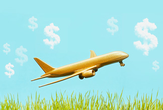 Gold airplane and clouds forming dollar signs