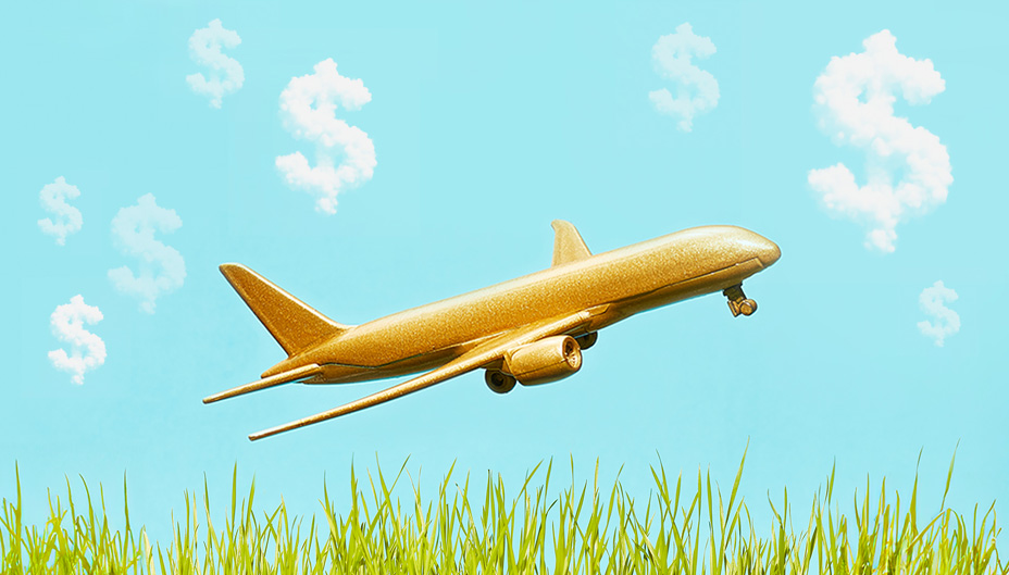 Gold airplane and clouds forming dollar signs