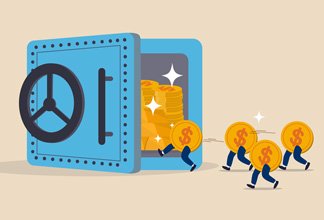 Illustrated coins with legs walking towards an open bank vault