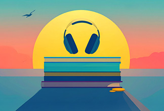 Pair of headphones and stack of books sitting on a sandy beach in front of a sunset