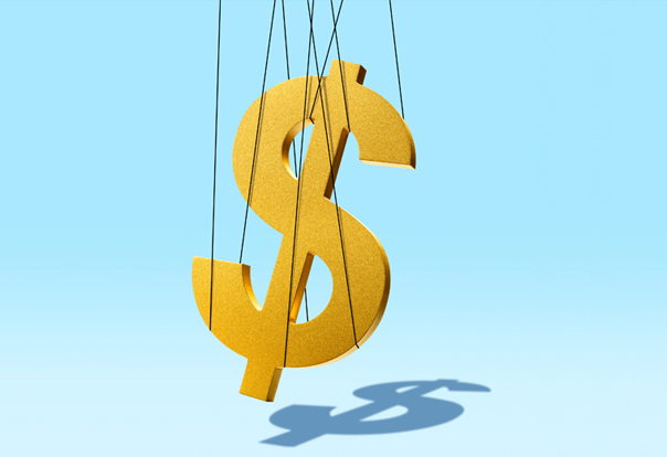 Illustration d’un signe de dollar suspendu à des cordes.