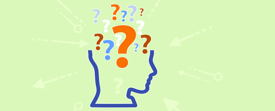 Side profile illustration of a human face with question marks coming out of its head.