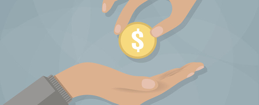 Illustration of one hand giving a dollar coin to another hand.