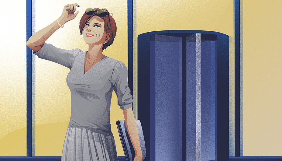 Illustration of Rita Silvan walking out of a building with revolving doors. 