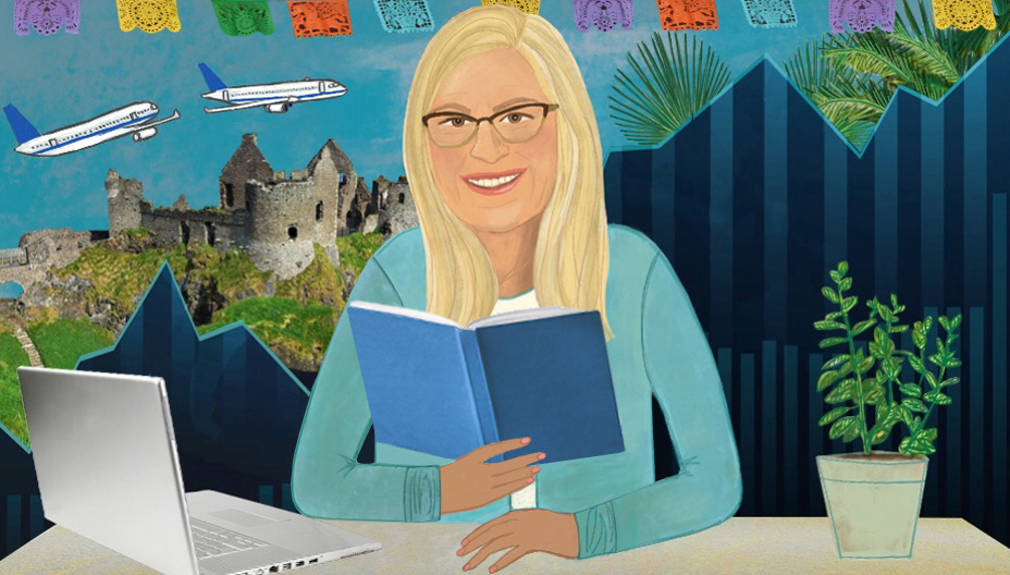 Illustration of Linda sitting at her desk, book in hand, and with airplanes flying behind her.