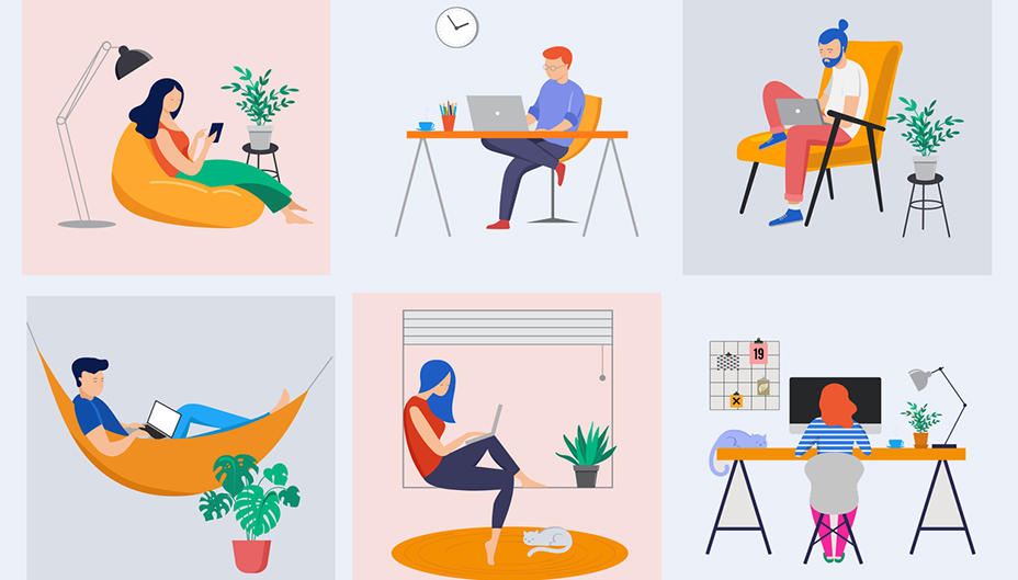 Illustration of 6 people in their homes working on their digital devices. 