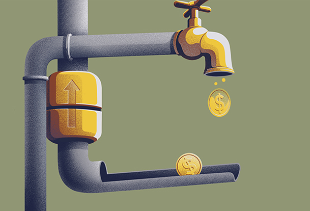 Conceptual illustration of a faucet representing the reinvestment of cash dividends.