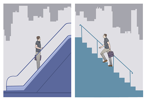 Split screen with one side shows a man on escalator. The other side shows a man climbing stairs.