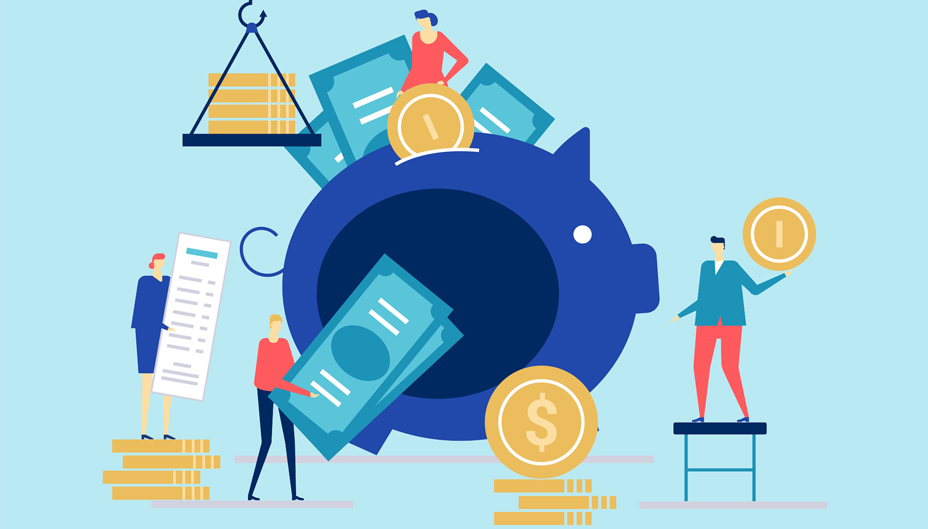 Illustration of a piggy bank with people contributing different types of money to it.