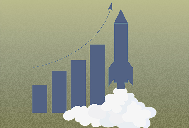 Bar graph going up. The last bar is shaped into a rocket shooting up.