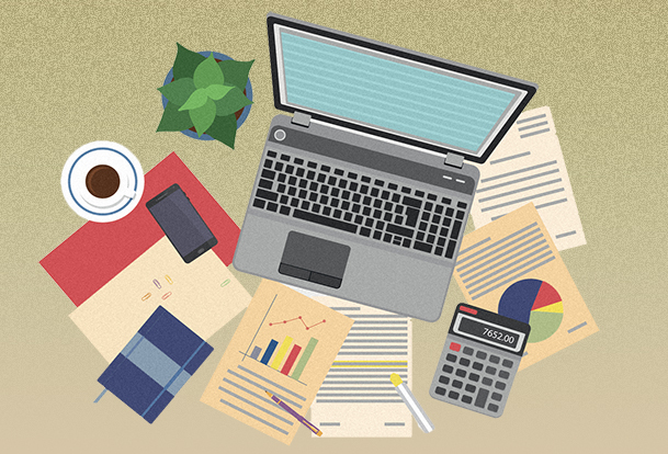 Graphic of desk with laptop and printed research reports scattered.