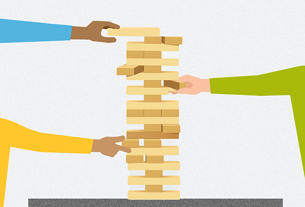 Illustration of people playing Jenga. 