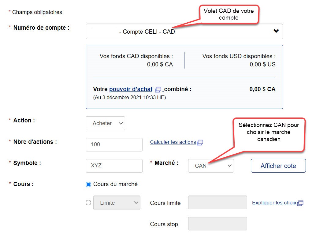 Saisie d’écran de la page d’ordre d’achat d’actions avec instructions pour le dollar canadien (CAD)