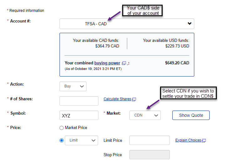 A screenshot of the stock buy order form page with instructions using Canadian dollars (CAD).