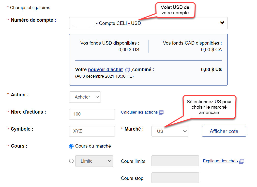 Saisie d’écran de la page d’ordre d’achat d’actions avec instructions pour le dollar américain (USD)