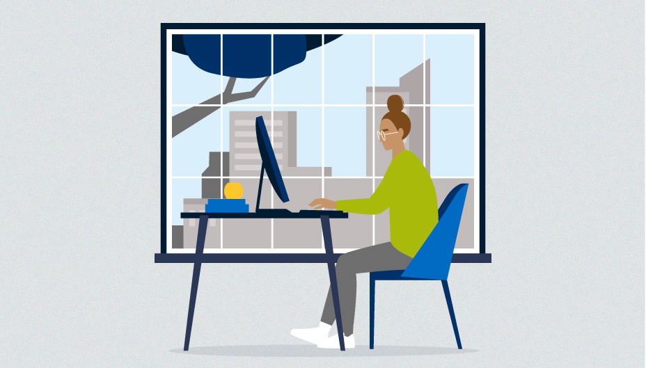 An illustration of a woman working on a desktop computer.