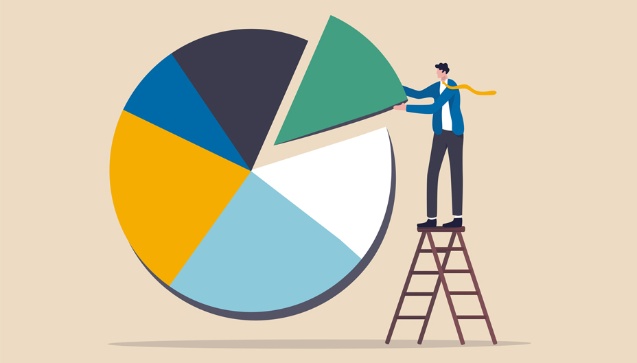 An illustration of a man on a stepladder putting together a pie chart.