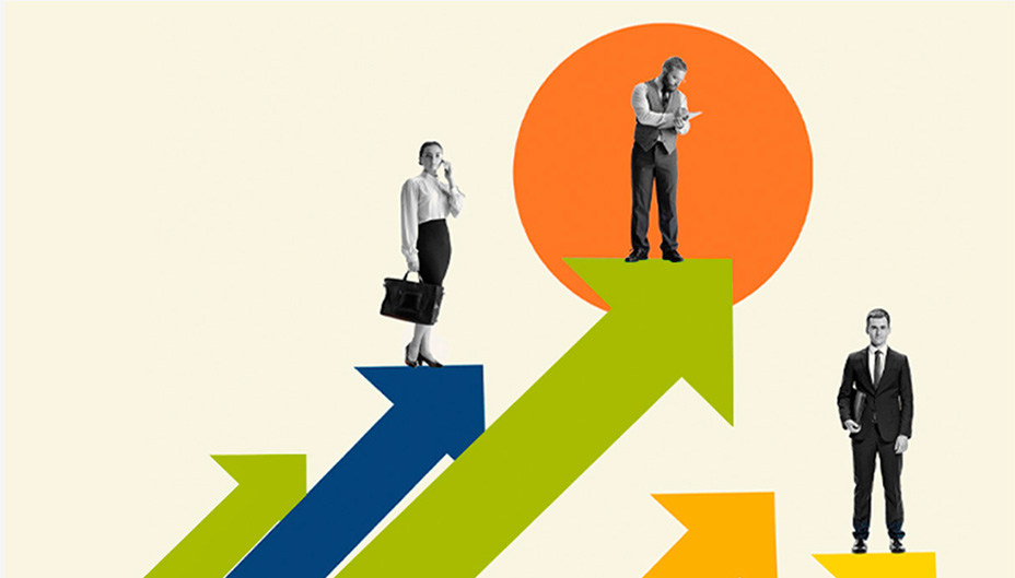 People standing on upward facing arrows.