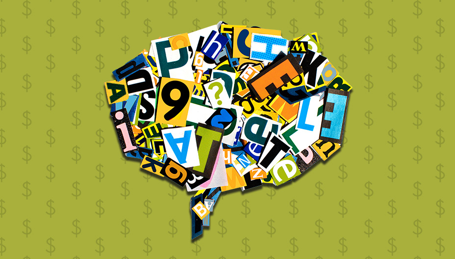 Speech bubble of magazine letter clippings on a background with dollar symbols