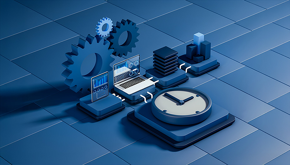 A laptop, tablet, clock and three-dimensional shapes arranged in a circuit-like pattern