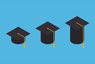 Three graduation caps of increasing size against a blue background Three graduation caps of increasing size against a blue background
