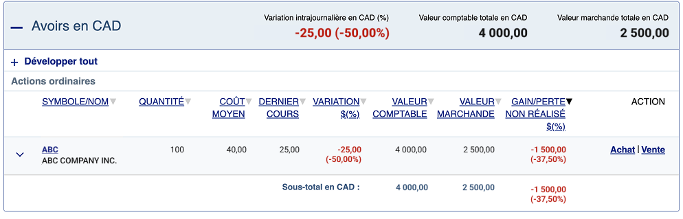 Capture d’écran montrant les actions avant la mise à jour de la quantité