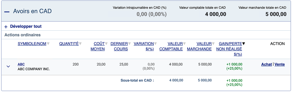 Capture d’écran montrant les actions après la mise à jour de la quantité
