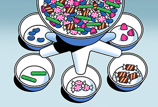 Different candies being sorted by type