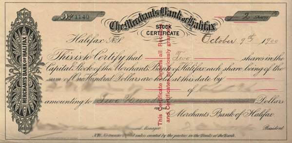 An old-fashioned stock certificate from the Merchants Bank of Halifax, dated October 9th, 1900.