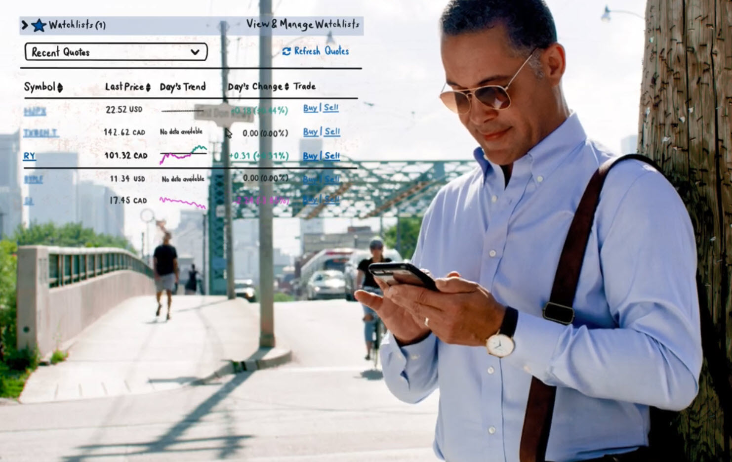 A man stands on a sidewalk, looking at his smartphone. Beside him is a graphic of a stock watchlist.