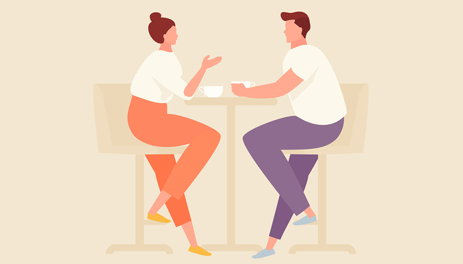 Graphic of a couple having a conversation over coffee. 