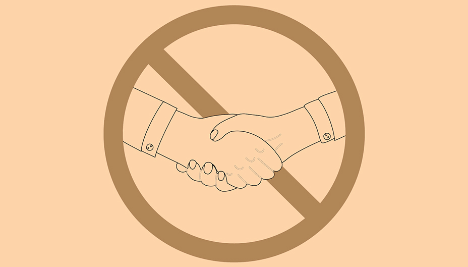 Graphic of a handshake with prohibition sign over it. 