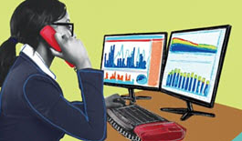 Illustration of man on the phone and woman looking at graphs on her double screen computer.