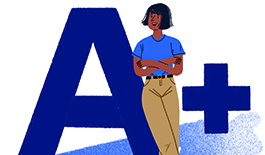 Illustration of a woman leaning on an A+ sign. 