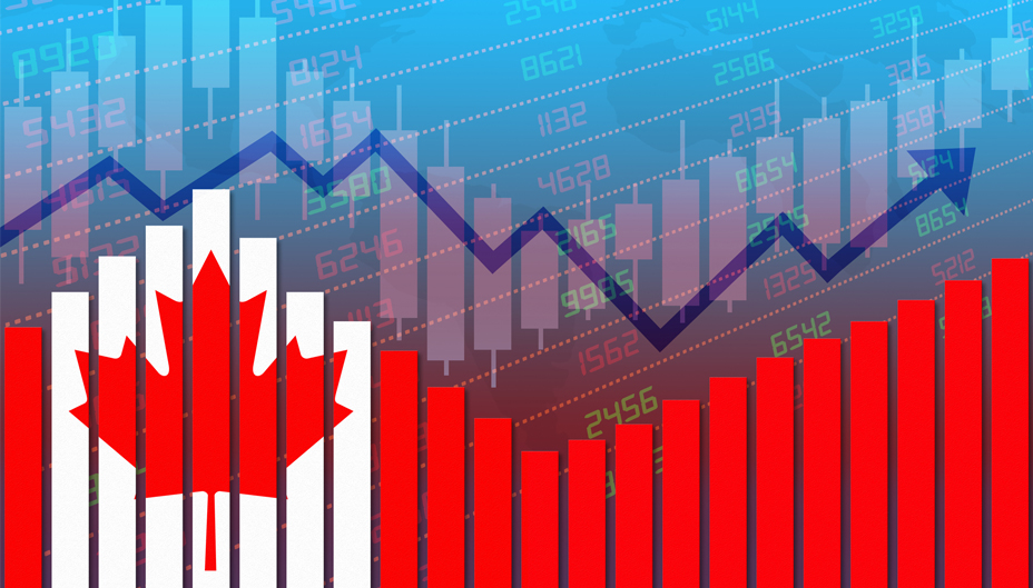 A stock ticker with an upwards trend that is superimposed with the Canadian flag.