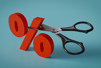 Illustration of scissors cutting the Bank of Canada interest rate percentage.