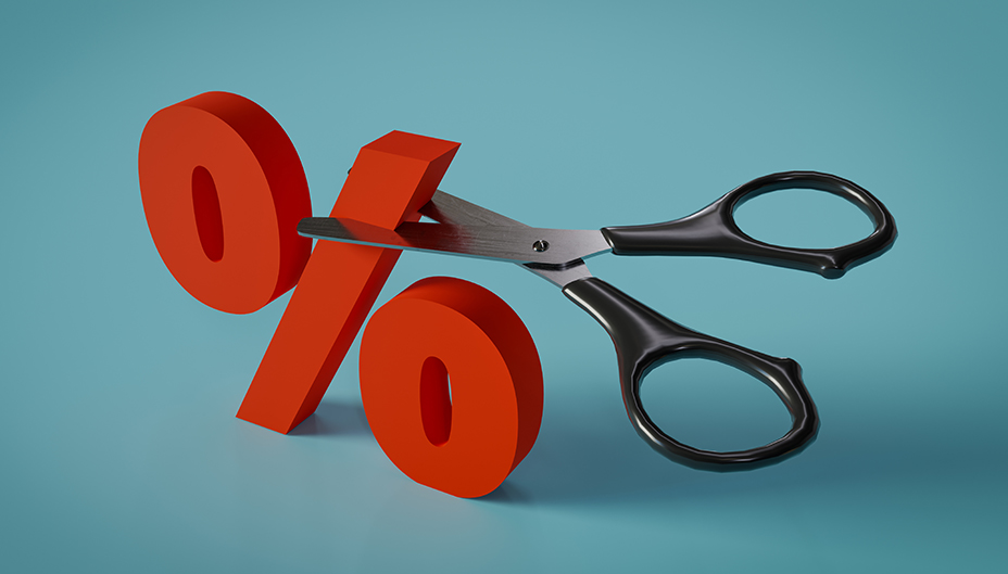 Illustration of scissors cutting the Bank of Canada interest rate percentage.