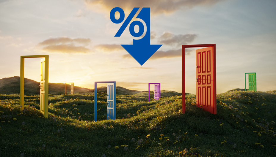 Field with open doors and interest rate decrease symbol