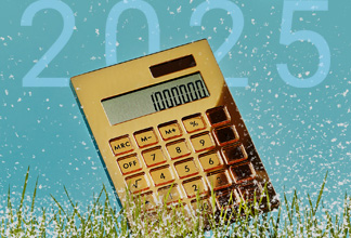 Gold calculator surrounded by snowflakes, with 2025 in the background