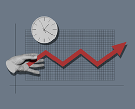 A hand holding the end of a red arrow showing market ups and downs reaching across a grid