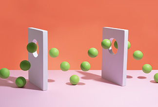 Green spheres and white panels showing motion path