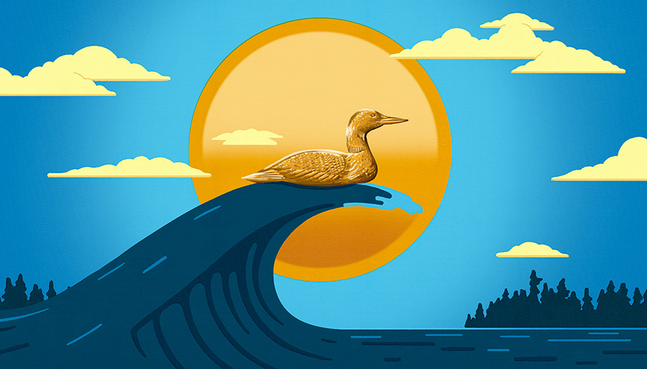 Illustration of a loon encircled by gold circle, atop a wave in a body of water