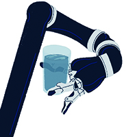 Bras robotique tenant un verre d'eau.