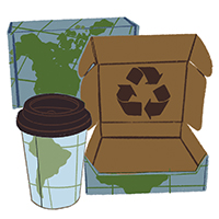 Various packaging with the recycling symbol on it. 