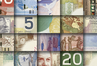 Mosaïque de billets de banque canadiens.