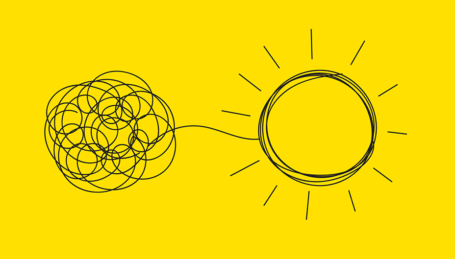 Abstract graphic showing a tangled line unrolling into the shape of a sun.